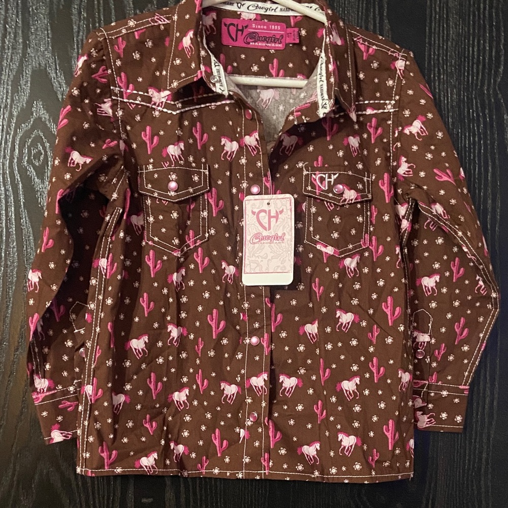 NWT Cowgirl Hardware Brown With Pink Pearl Snaps Western Shirt Size 5T
